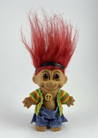 Vintage Russ Hippie Troll W/ Red Hair,  Clothes,  Peace Necklace Headband & Label