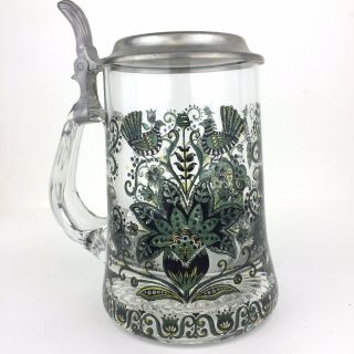 Vtg Rare Rein Zinn Glass Beer Stein | Germany Floral & Bird Scene Pewter Lid