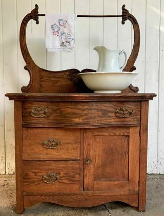 Antique Rare Ornate Oak Serpentine Front Commode Washstand Victorian Early 1900s