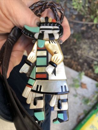 Rare Old Pawn A Dewa Sterling Silver Inlay Kachina Man Zuni Bolo Tie Necklace