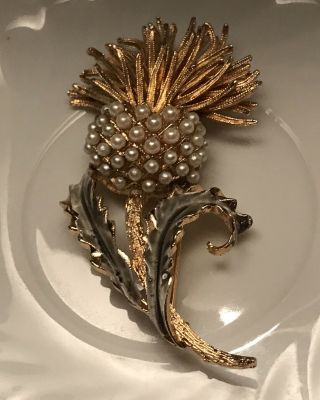 Vintage Coro Pearl Seeds & Enamel Figural Thistle Brooch Pin Gold Tone.  Rare.
