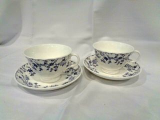 2 Antique Royal Vale Blue Porcelain Floral Print Tea Cup And Saucers