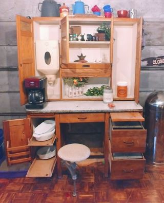 Antique Oak Hoosier Kitchen Cabinet With Swing Out Stool.  Very Rare.