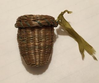 Antique Woven Basket Sewing Thimble Case Holder