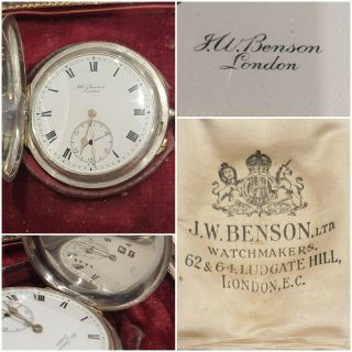 Very Rare J.  W.  Benson.  Ltd Silver & 18ct Gold Pocket Watch London 1920 Boxed