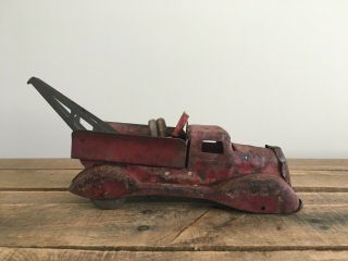 Antique 1930s/1940s Rusty Red Metal Toy Tow Truck with Wood Wheels and Toolbox 2