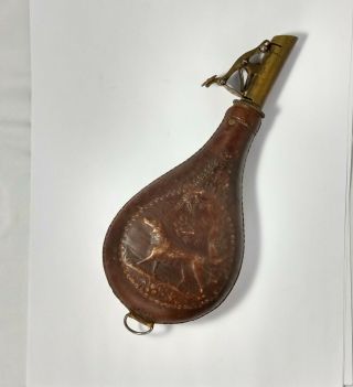 Antique Leather Powder Flask Horn,  Bird Dog Hunting (4 Lb. )