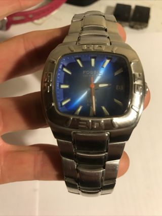 Very Rare Men’s Fossil Blue Quartz Watch Stainless Steel Am - 3786