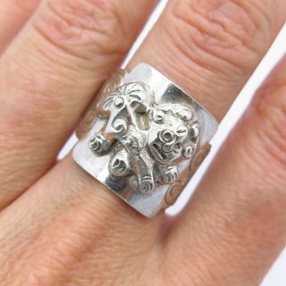 Antique China Silver Chinese Guardian Lion Handmade Adjustable Wide Ring Size 8