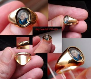 Rare Antique French 18 K Gold Enamel King Louis Xviii Portrait Miniature Ring
