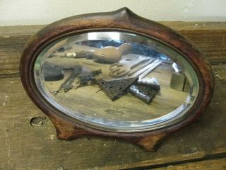 Small Antique Wood Frame Table Top Shaving Mirror W/ Beveled Glass