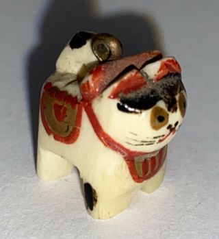 Lucky Antique Vtg Japanese Miniature Carved Beckoning Maneki Neko Cat Figurine