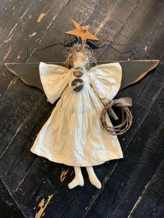 Primitive Christmas Angel Doll With Wooden Wings And Star Halo Americana Vintage