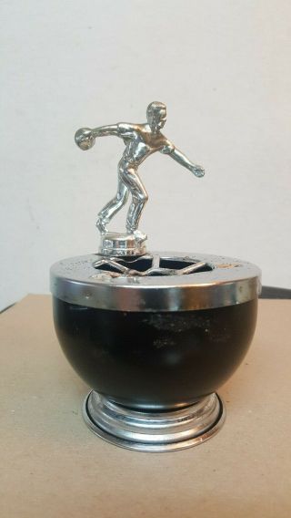 Unique Vintage Bowling Trophy Ashtray / All Metal / Black And Chrome