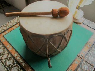 Old Antique Pre - 1900? Native American Wooden Drum W/ Gut Strapping - Museum Piece