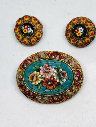 Vtg/antique Micro - Mosaic Pin/brooch And Earrings - Italy