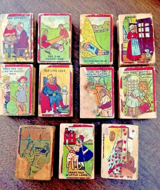 Antique Rubber Stamps 11 Wood Block Nursery Rhymes Circa 1920s Cute Vintage Lot