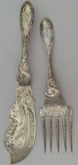 Rare Coin Or Sterling Figural Dolphin & Cattails 2 Piece Fish Set A.  Coles 1865