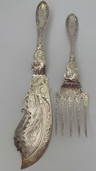 RARE COIN OR STERLING FIGURAL DOLPHIN & CATTAILS 2 PIECE FISH SET A.  COLES 1865 2