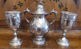 3 Piece Antique Rare Wm.  Gale Son & Co.  Coin Silver Sugar Bowl With 2 Goblets