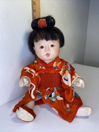 Antique Japanese Doll Baby Old Composition Gofun In Orig Robe Clothes