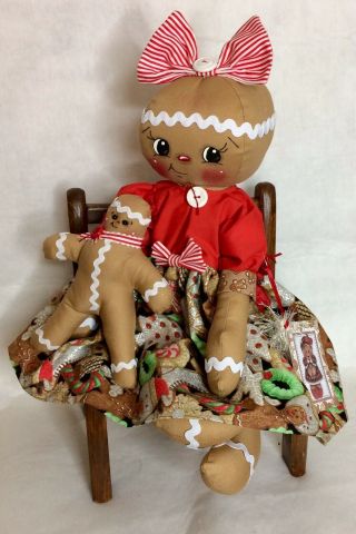 Primitive Gingerbread Doll Girl With Baby Christmas " Ginger And Spice "