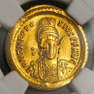 450,  Eastern Roman Empire,  Theodosius Ii.  Rare Gold Solidus Coin.  Ngc Choice Xf
