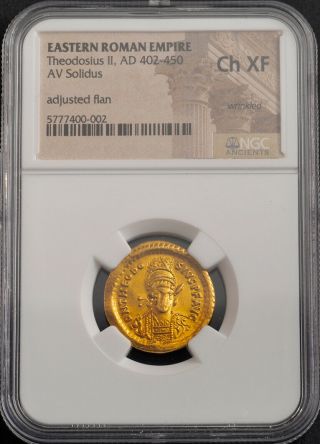 450,  Eastern Roman Empire,  Theodosius II.  Rare Gold Solidus Coin.  NGC Choice XF 3