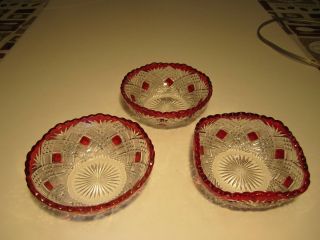 3 Antique Eapg Ruby Stain Tacoma Berry Pattern Sauce Berry Bowl Dishes