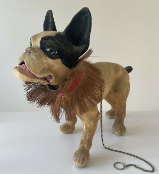 Rare Antique French Bull Dog Growler Nodder Paper Mache Pull Toy