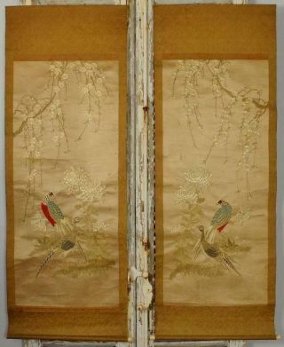 Spectacular Pair Rare Antique 19th C Hand Embroidered Chinese Silk Wall Hangings