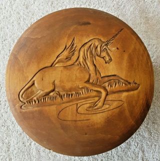 Vintage Antique Hand Made Carved Round Wooden Trinket Box Unicorn 7 " X 2.  5 "