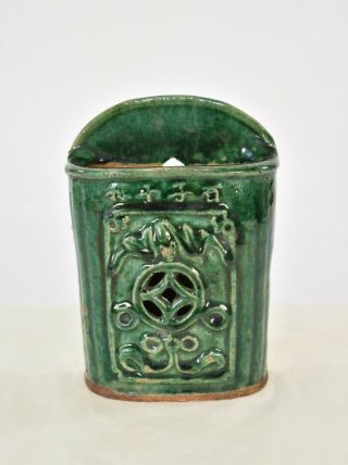 Antique Chinese Green Ceramic / Pottery Chopstick Holder / Wall Pocket / Vase