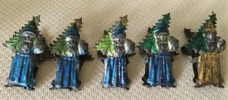 Five Rare Antique Victorian Embossed / Painted Santa Claus Tin Candle Clips