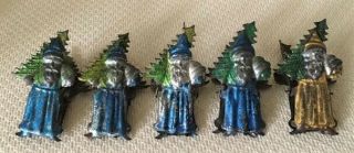 FIVE RARE Antique Victorian Embossed / Painted SANTA CLAUS TIN CANDLE CLIPS 2