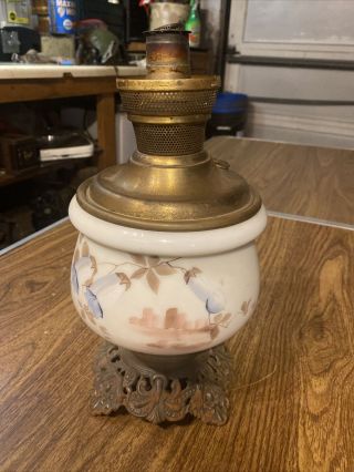 Antique Vintage Brass & Hand Painted Oil Lamp Cast Primitive Beacon Ks Victorian