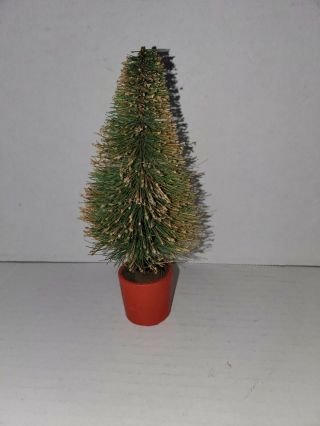 Antique German Putz Bottle Brush Snow Flocked Red Base 6” Christmas Tree