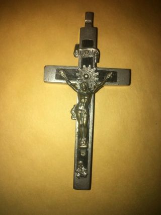 Antique German? Pectoral Crucifix Silver Ebony Inlaid Wood Skull