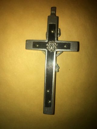 Antique German? Pectoral Crucifix Silver Ebony Inlaid Wood Skull 2