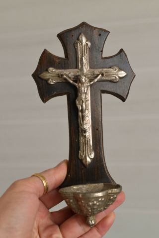 ⭐ Antique French Crucifix,  Holy Water Font,  19 Th Century ⭐