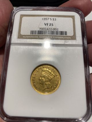 1857 - S Three Dollar Indian Gold Coin $3 - Certified Ngc Vf25 - Rare " S " Princess