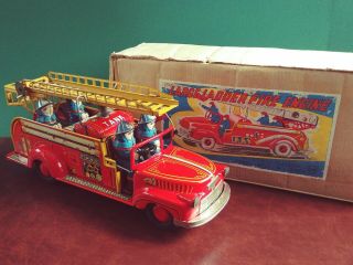 Very Rare 1950s Marusan Japan Large Tin Friction Fire Ladder Truck W/ Or.  Box