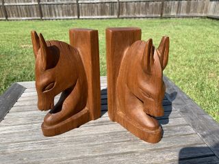 Horse Head Bookends Vintage Carved Wood Pair Midcentury Deco Abstract 7.  5”