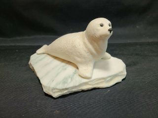 Vintage White Harp Seal Figurine Porcelain On Stone Signed Heavy Unique Rare