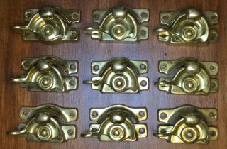 Old Vtg Antique Brass Window Latch Sash Lock Fastener Metal Hardware Set Of 9