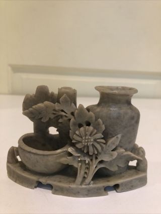 Vintage Antique Chinese Soapstone Carving Vase Brush Pot 2 Wells