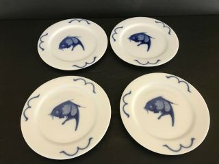 Misty Rose Chinese Porcelain Blue White Koi Fish 6 " Sushi Plates Set Of 4