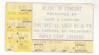 Rare Ac/dc 12/15/83 Toronto Ont Canada Maple Leaf Gardens Concert Ticket Stub