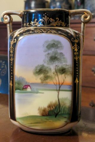 Antique Nippon Hand Painted Scenic Cabinet Vase Japanese Porcelain