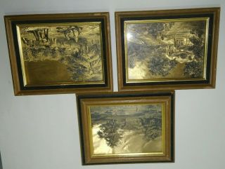 3 Vintage Currier And Ives 6 " X 8 " Framed Metalcraft Gold Foil Metallic Prints